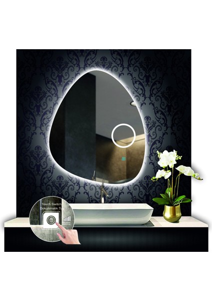 70 cm Çapında Buğu Çözücülü Dokunmatik Ledli Kumlamalı Asimetrik Banyo Aynası Dekoratif LED Işıklı fırsatları