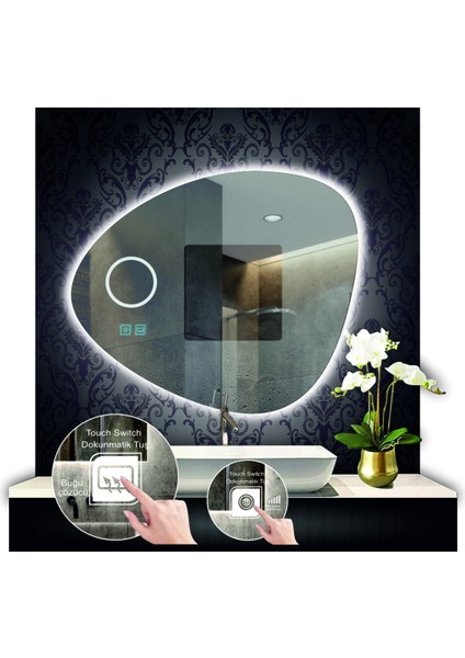 70 cm Çapında Bluetoothlu Buğu Çözücülü Dokunmatik Ledli Kumlamalı Asimetrik Banyo Aynası LED Işıklı fiyatları