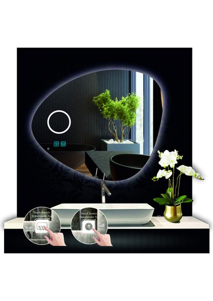 70 cm Çapında Bluetoothlu Buğu Çözücülü Dokunmatik Ledli Kumlamalı Asimetrik Banyo Aynası LED Işıklı fırsatları