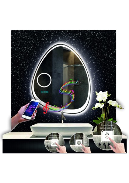 80 cm Çapında Bluetoothlu Buğu Çözücülü Dokunmatik Ledli Makyaj Aynalı Asimetrik Banyo Aynası