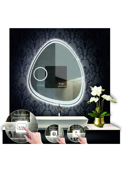 80 cm Çapında Bluetoothlu Buğu Çözücülü Dokunmatik Ledli Makyaj Aynalı Asimetrik Banyo Aynası fiyatları