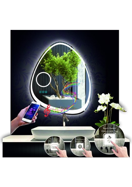 80 cm Çapında Bluetoothlu Buğu Çözücülü Dokunmatik Ledli Makyaj Aynalı Asimetrik Banyo Aynası modelleri