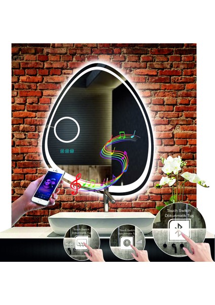 80 cm Çapında Bluetoothlu Buğu Çözücülü Dokunmatik Ledli Makyaj Aynalı Asimetrik Banyo Aynası fırsatları