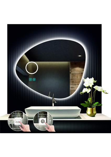 80 cm Çapında Buğu Çözücülü Dokunmatik Ledli Kumlamalı Asimetrik Banyo Aynası LED Işıklı