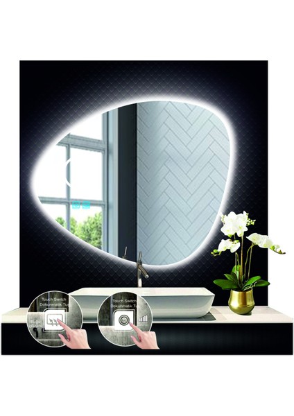 80 cm Çapında Buğu Çözücülü Dokunmatik Ledli Kumlamalı Asimetrik Banyo Aynası LED Işıklı modelleri