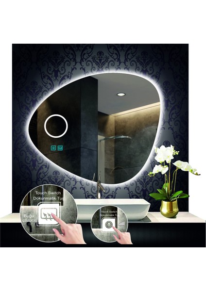 80 cm Çapında Buğu Çözücülü Dokunmatik Ledli Kumlamalı Asimetrik Banyo Aynası LED Işıklı indirimleri