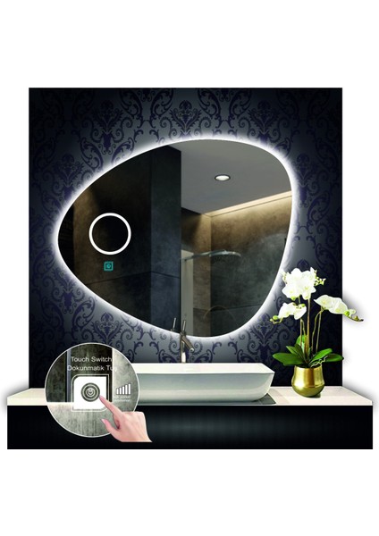 70 cm Çapında Buğu Çözücülü Dokunmatik Ledli Kumlamalı Asimetrik Banyo Aynası Dekoratif LED Işıklı