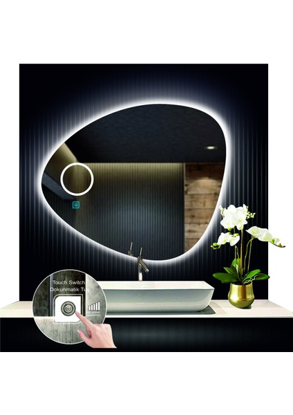 70 cm Çapında Buğu Çözücülü Dokunmatik Ledli Kumlamalı Asimetrik Banyo Aynası Dekoratif LED Işıklı modelleri