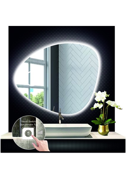 70 cm Çapında Buğu Çözücülü Dokunmatik Ledli Kumlamalı Asimetrik Banyo Aynası Dekoratif LED Işıklı fırsatları
