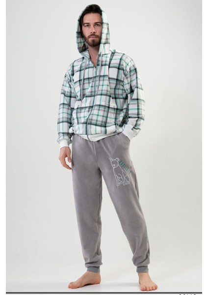 202042-0185 Erkek Uzun Kol Fermuarlı Kapüşonlu Polar Gri Pijama Takımı