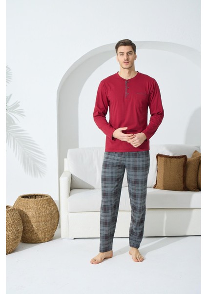 Erkek Uzun Kol Midi Yaka Bordo Pijama Takımı 9C2T4N5