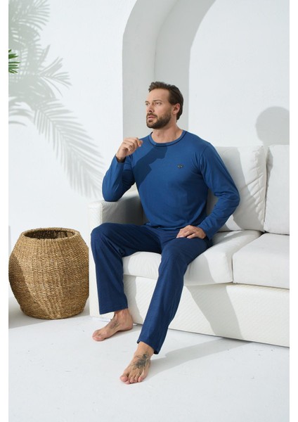 Erkek Uzun Kol Sıfır Yaka Indigo Pijama Takımı 9C2T4N1