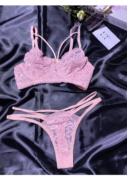 Kadın Tozpembe Kapsız Balenli Bralet Takımı