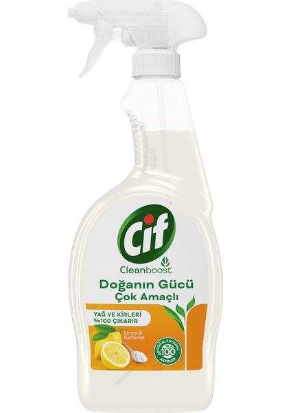 Doğanın Gücü Çok Amaçlı Yüzey Temizleyici Sprey Yağ ve Kir Leke Çıkarıcı Cleanboost Teknolojisi Limon & Karbonat 750 ML