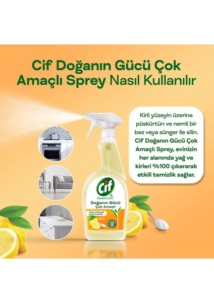 Doğanın Gücü Çok Amaçlı Yüzey Temizleyici Sprey Yağ ve Kir Leke Çıkarıcı Cleanboost Teknolojisi Limon & Karbonat 750 ML