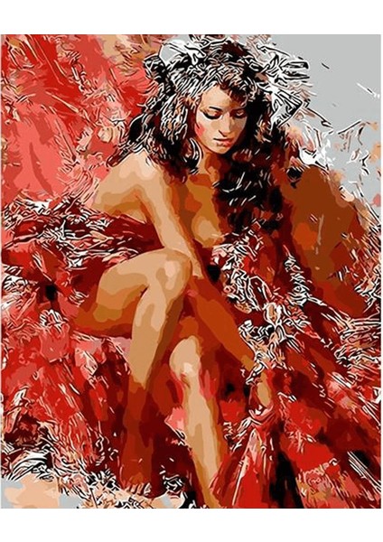 Kırmızı ve Kadın Sayılarla Boyama Seti Kasnaklı 40 x 50 cm
