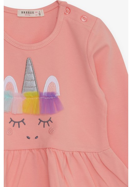 Kız Çocuk Uzun Kollu Elbise Tüllü Unicorn Nakışlı 1.5-5 Yaş, Somon