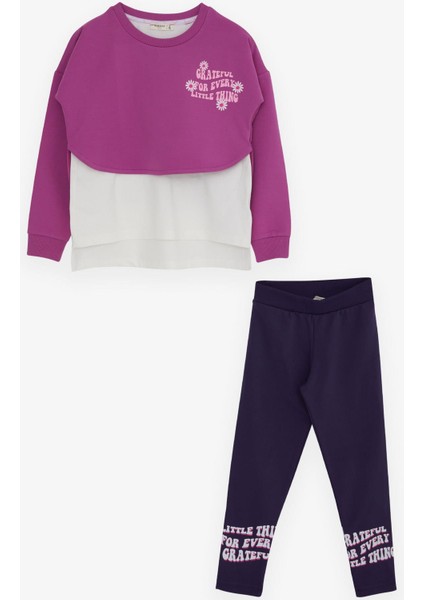 Kız Çocuk Taytlı Takım Yazı Çiçek Baskılı 8-12 Yaş, Eflatun