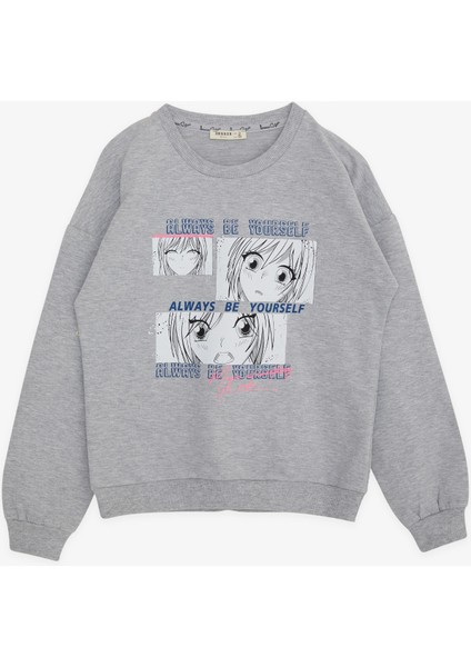 Kız Çocuk Sweatshirt Şaşkın Kız Baskılı 9-14 Yaş, Gri Melanj