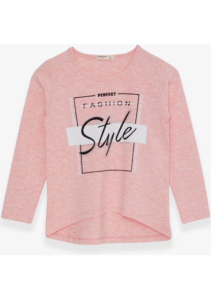 Kız Çocuk Uzun Kollu Tişört Taşlı Yazı Baskılı 6-12 Yaş, Somon Melanj