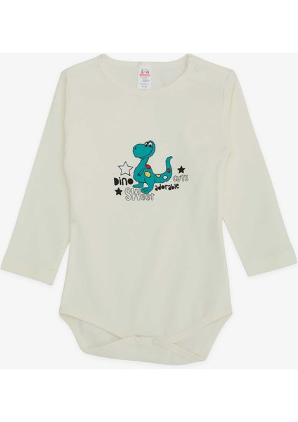 Erkek Bebek Çıtçıtlı Body Sevimli Dinozor Baskılı 9 Ay-3 Yaş, Ekru