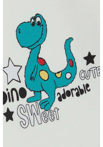Erkek Bebek Çıtçıtlı Body Sevimli Dinozor Baskılı 9 Ay-3 Yaş, Ekru