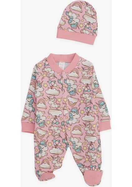 Kız Bebek Patikli Tulum Unicorn Desenli Gökyüzü Temalı 0-3 Ay-6 Ay, Pembe