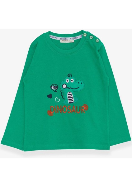 Erkek Bebek Uzun Kollu Tişört Dinozor Nakışlı 9 Ay-3 Yaş, Yeşil