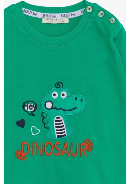 Erkek Bebek Uzun Kollu Tişört Dinozor Nakışlı 9 Ay-3 Yaş, Yeşil