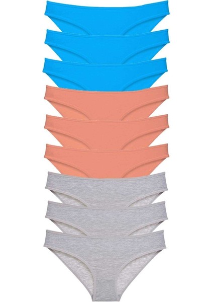 9 adet Süper Eko Set Likralı Kadın Slip Külot Pudra Gri Mavi