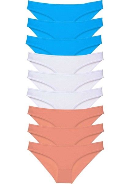 9 adet Süper Eko Set Likralı Kadın Slip Külot Pudra Beyaz Mavi