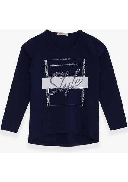 Kız Çocuk Uzun Kollu Tişört Taşlı Yazı Baskılı 6-12 Yaş, Lacivert