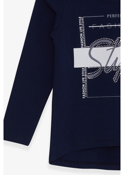 Kız Çocuk Uzun Kollu Tişört Taşlı Yazı Baskılı 6-12 Yaş, Lacivert fırsatları