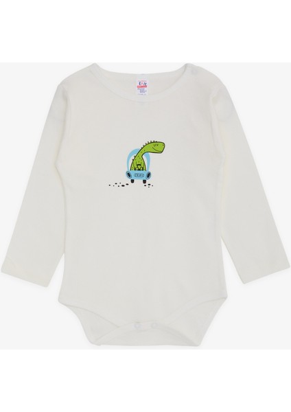 Erkek Bebek Çıtçıtlı Zıbın Body Dinozor Baskılı 9 Ay-3 Yaş, Ekru