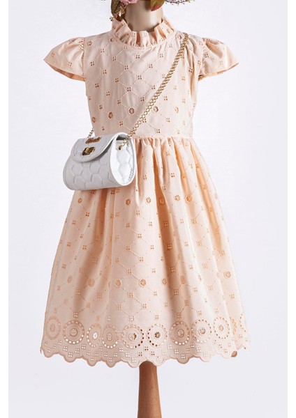 Kısa Kollu Fisto Kumaş Çantalı Kız Çocuk Elbisesi10