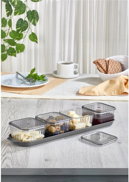 Uzun 4 Bölmeli, Kapaklı, Tepsili Lüks Kahvaltılık, Modern Sunum Seti ve Saklama Kabı