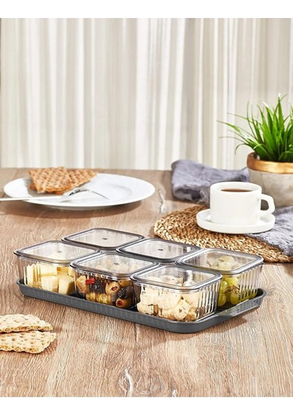 6 Bölmeli Kare, Kapaklı, Tepsili Lüks Kahvaltılık, Modern Sunum Seti ve Saklama Kabı
