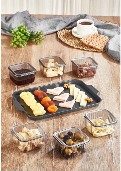 6 Bölmeli Kare, Kapaklı, Tepsili Lüks Kahvaltılık, Modern Sunum Seti ve Saklama Kabı