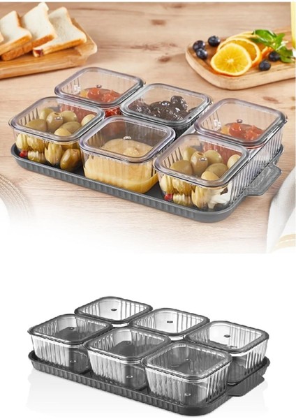 6 Bölmeli Kare, Kapaklı, Tepsili Lüks Kahvaltılık, Modern Sunum Seti ve Saklama Kabı