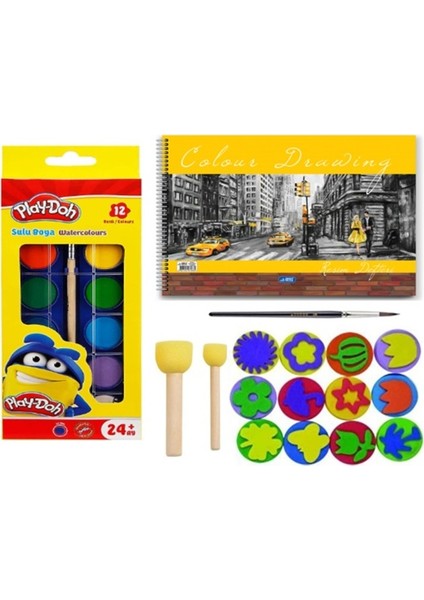 Sulu Boya Baskı Seti Ponpon Fırçalı 25 x 35 cm Resim Defterli
