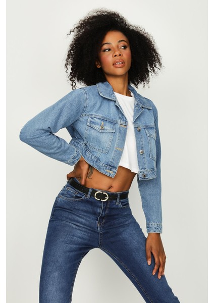 Kadın Düğmeli Crop Denim Ceket
