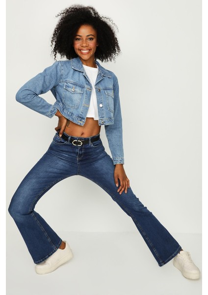 Kadın Düğmeli Crop Denim Ceket