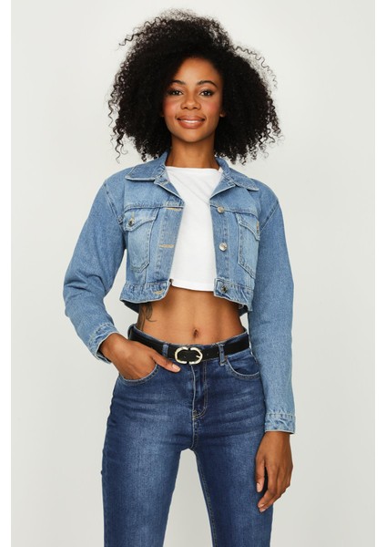 Kadın Düğmeli Crop Denim Ceket