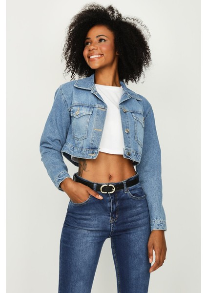 Kadın Düğmeli Crop Denim Ceket