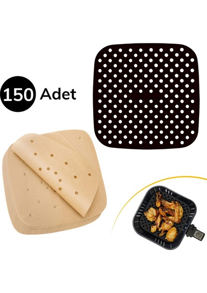 Buffer® 150 Adet Kullan-At Delikli Kare Model Pişirme Kağıdı ve Yıkanılabilir Silikon Fırın ve Airfryer Kare Model Siyah Pişirme Matı 21,5cm