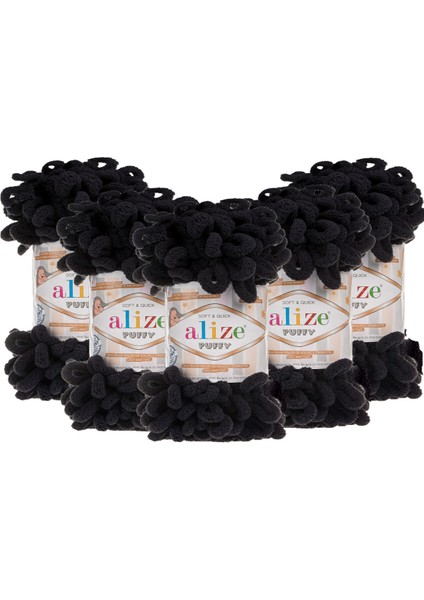 5 Adet Puffy El Örgü Ipi Battaniye Panduf Atkı Hırka Paspas 60 - Siyah