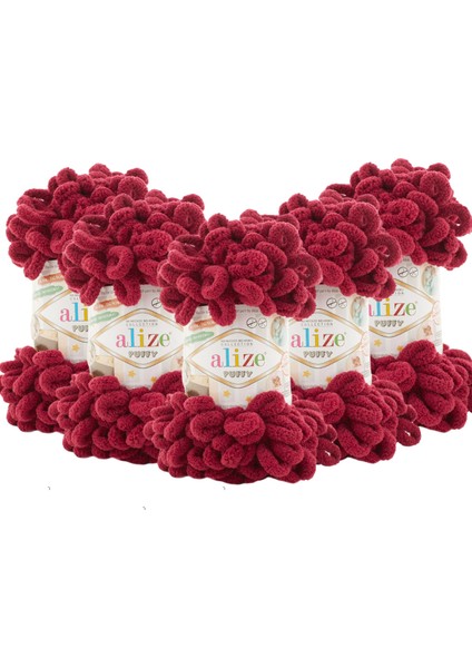 5 Adet Puffy El Örgü Ipi Battaniye Panduf Atkı Hırka Paspas 107 - Vişne