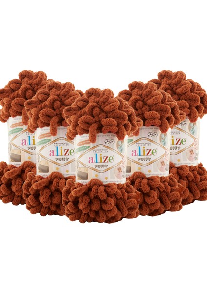 5 Adet Puffy El Örgü Ipi Battaniye Panduf Atkı Hırka Paspas 597 - Taba