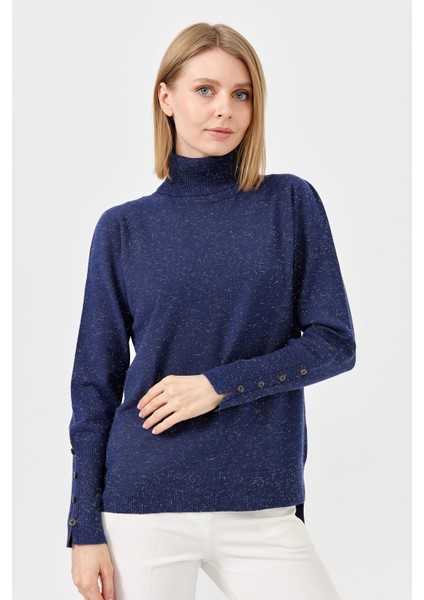 Kadın Tam Balıkçı Yaka Kol Ucu Yırtmaçlı Kazak Lacivert fiyatları