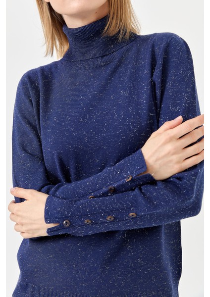 Kadın Tam Balıkçı Yaka Kol Ucu Yırtmaçlı Kazak Lacivert modelleri